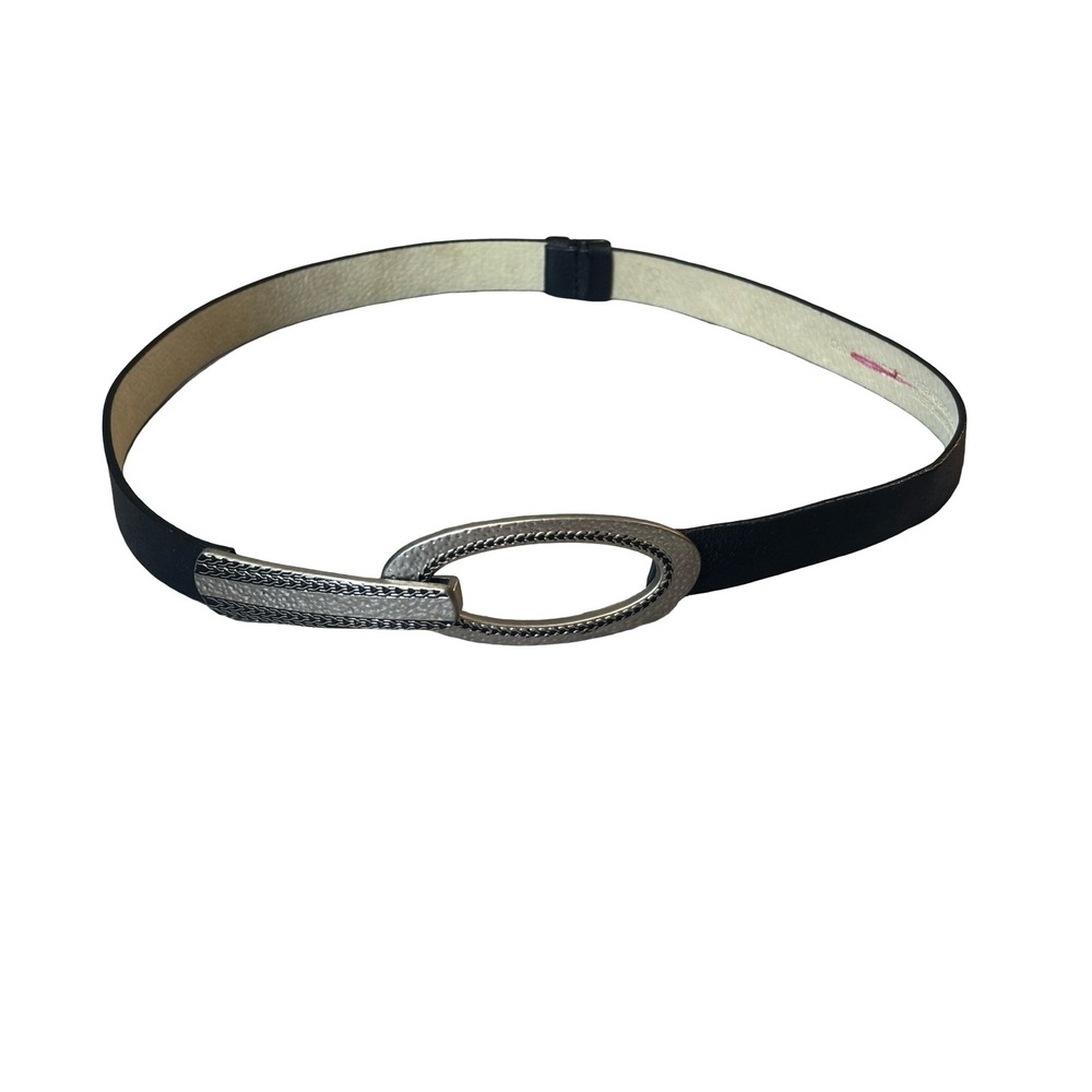 Chico's Black Leather Skinny Belt Silver Hammered Oval Buckle Size SM Hook Loop